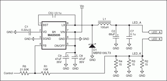 基于固定頻率、高集成度PWM開關(guān)轉(zhuǎn)換器MAX5035的高亮度LED電源原理圖